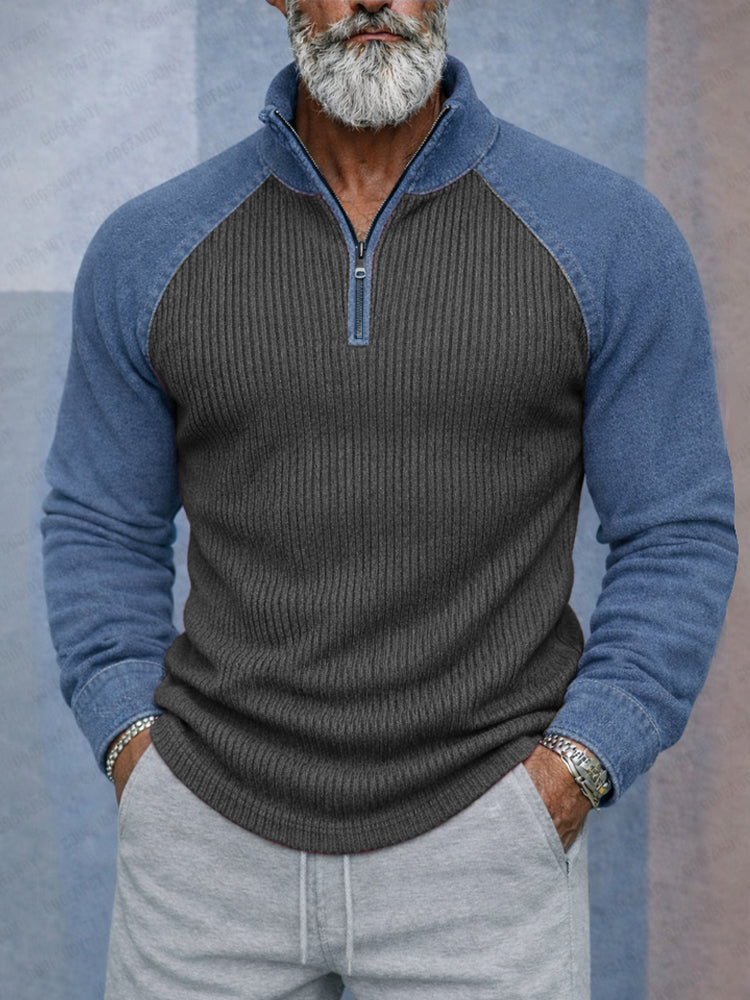 Stylish Two-Tone Denim Splicing Ribbed Knit Top