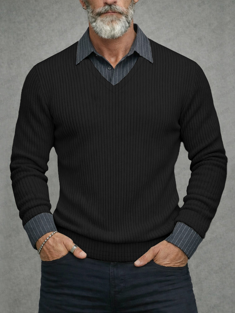 Casual Striped Patchwork Fake Two-Piece Knit Shirt