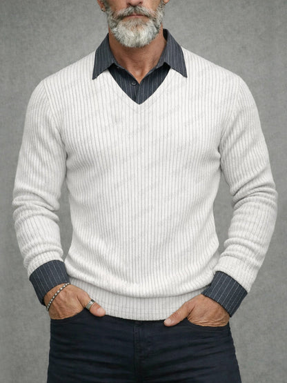 Casual Striped Patchwork Fake Two-Piece Knit Shirt
