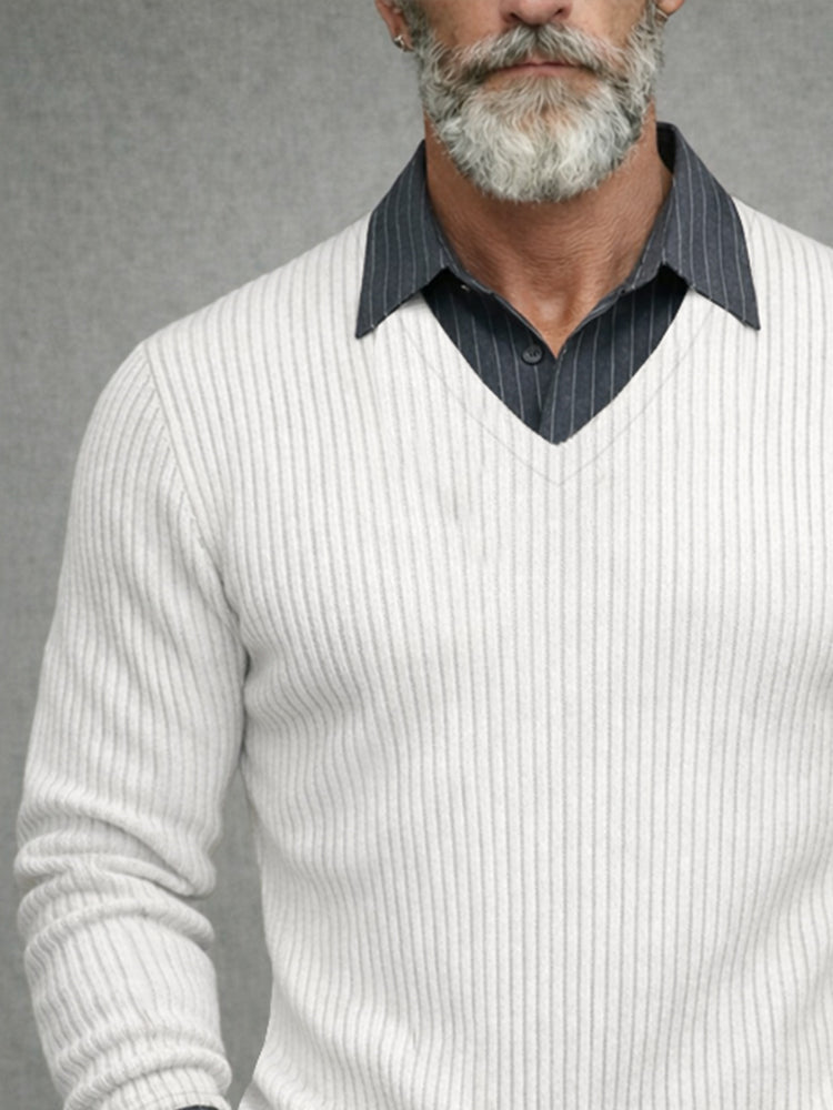 Casual Striped Patchwork Fake Two-Piece Knit Shirt