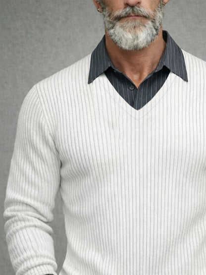 Casual Striped Patchwork Fake Two-Piece Knit Shirt