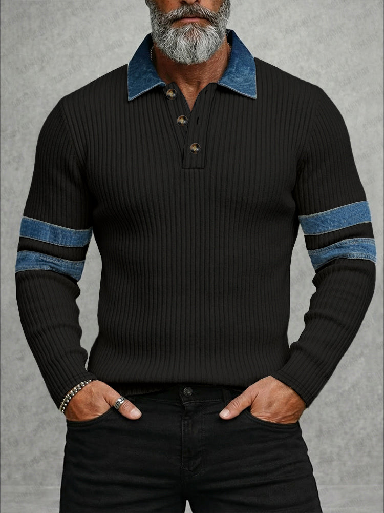 Modern Denim Patchwork Knit Polo Shirt