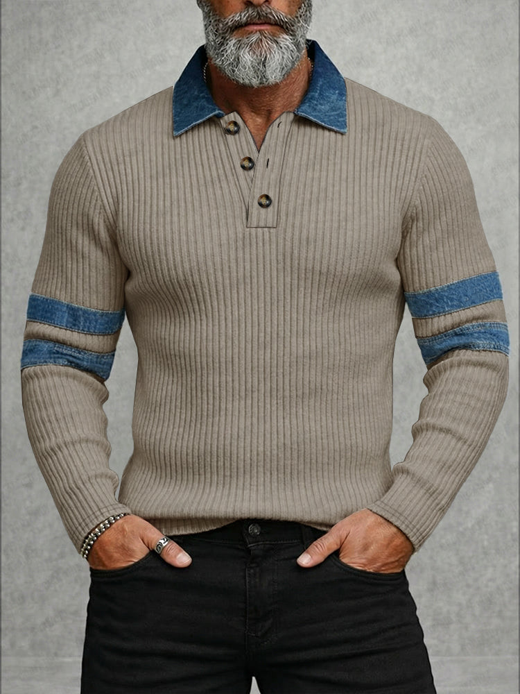 Modern Denim Patchwork Knit Polo Shirt