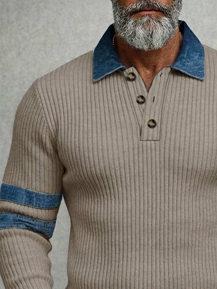 Modern Denim Patchwork Knit Polo Shirt
