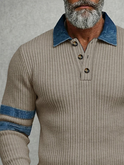 Modern Denim Patchwork Knit Polo Shirt