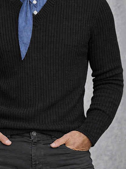 Stylish Scarf Neck Fake Two-Piece Knit Shirt