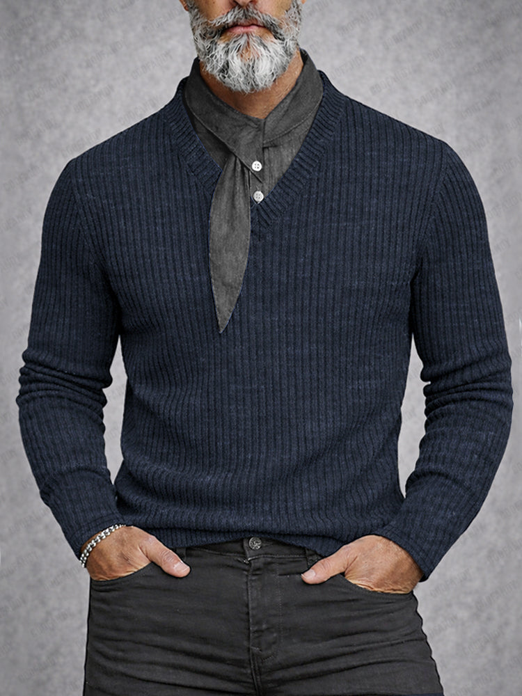 Stylish Scarf Neck Fake Two-Piece Knit Shirt