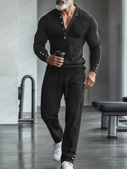 Athleisure Stretch Knit Polo Shirt Pants Set