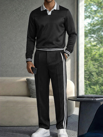 Casual Contrast Striped Polo Shirt Pants Set