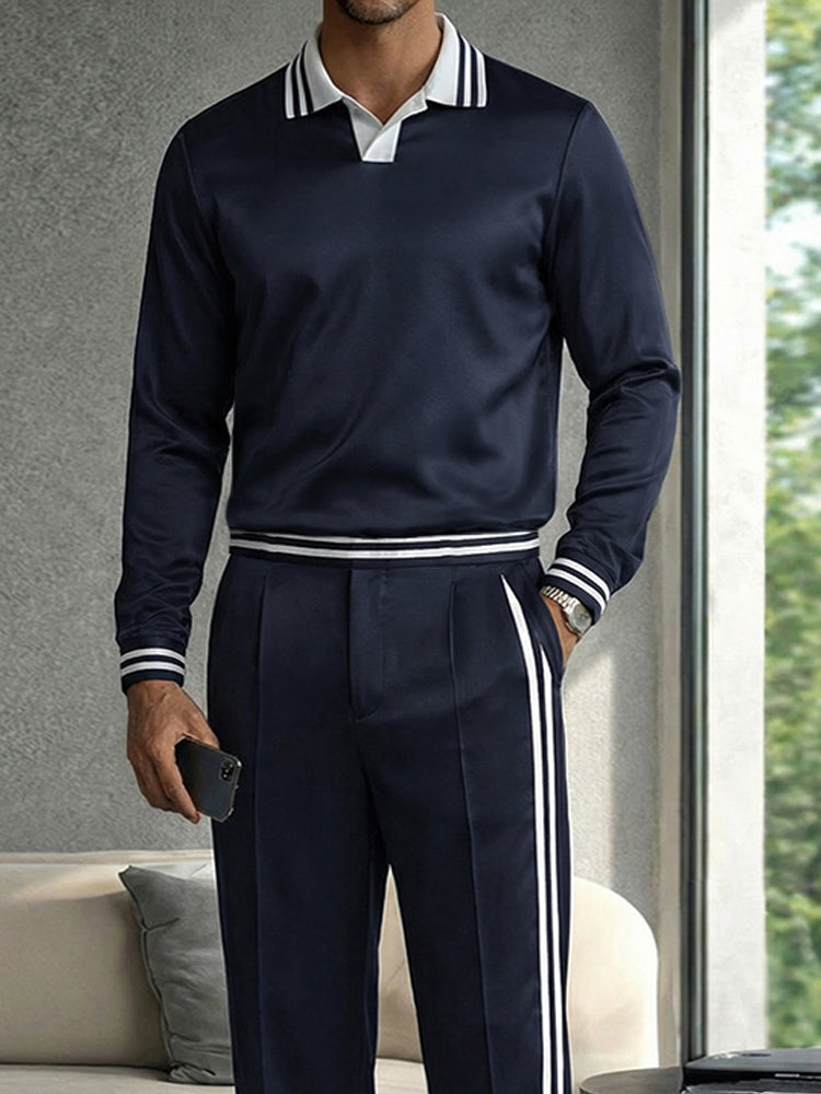 Casual Contrast Striped Polo Shirt Pants Set