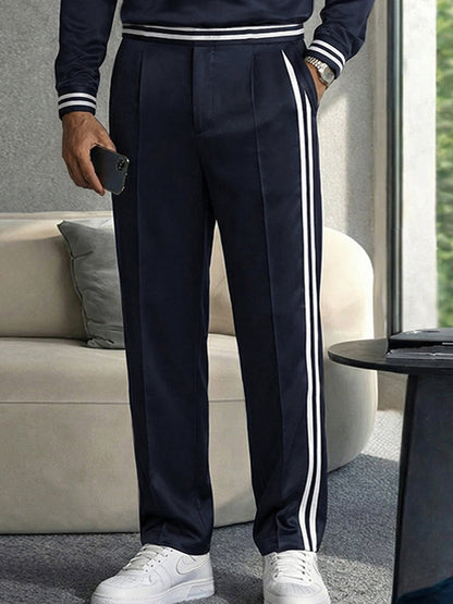 Casual Contrast Striped Polo Shirt Pants Set