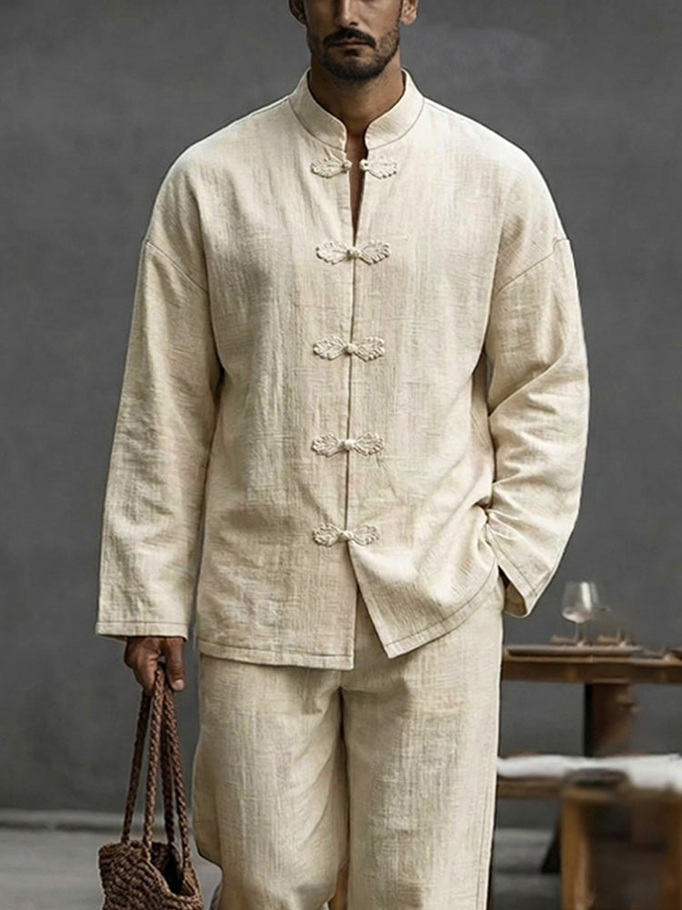 Minimalist Cotton Frog Button Long Sleeve Shirt Set