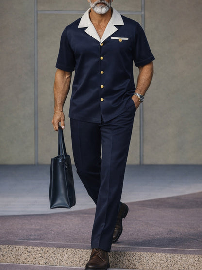 Smart Casual Contrast Collor Shirt Pants Set