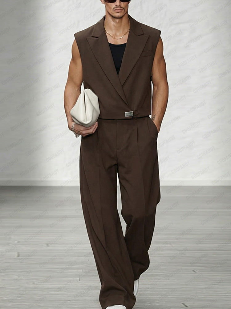 Trendy Lapel Vest and Wide-Leg Pants Set