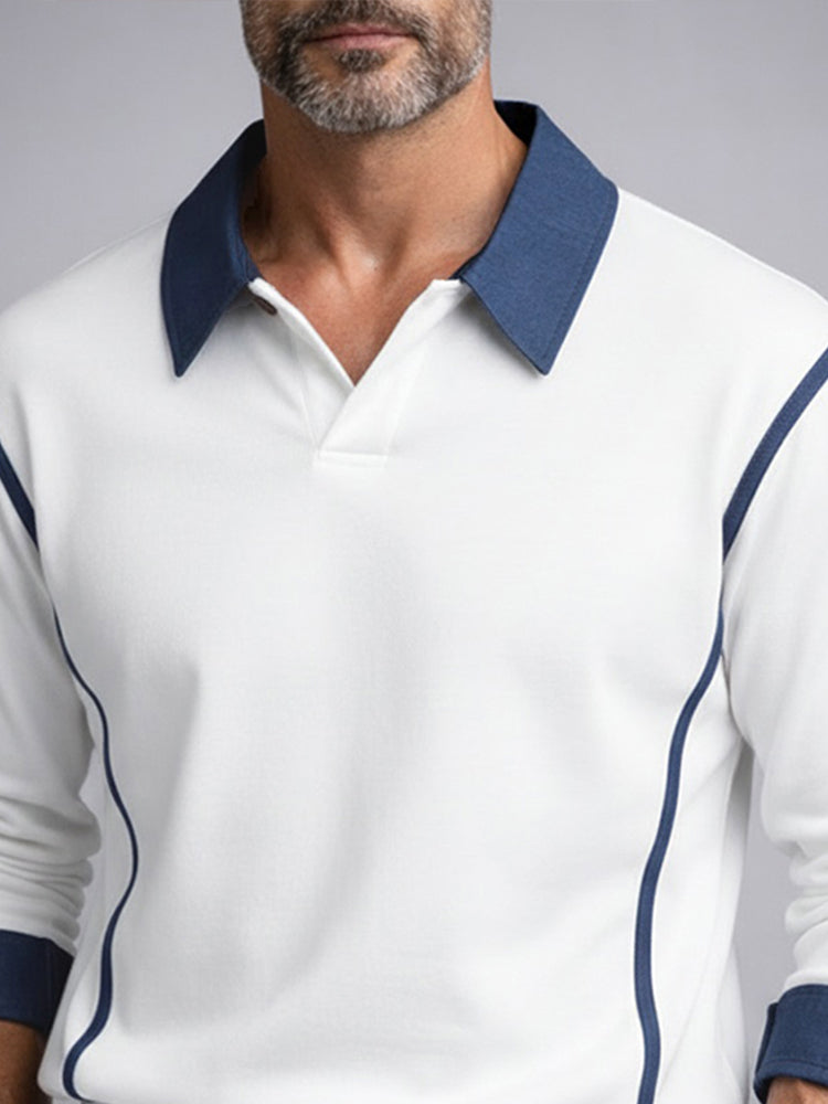 Versatile Contrast Denim Patchwork Polo Shirt