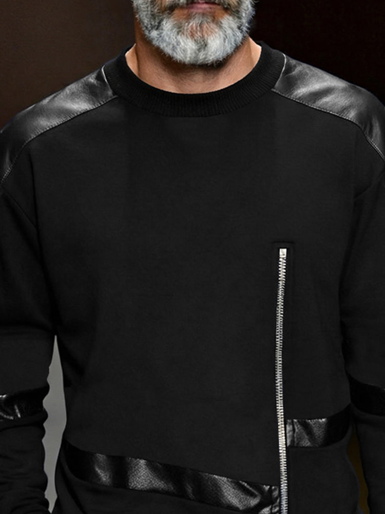 Trendy Gothic Leather Panel Zipped Sweatshirt