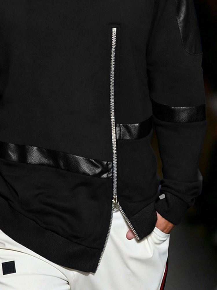 Trendy Gothic Leather Panel Zipped Sweatshirt