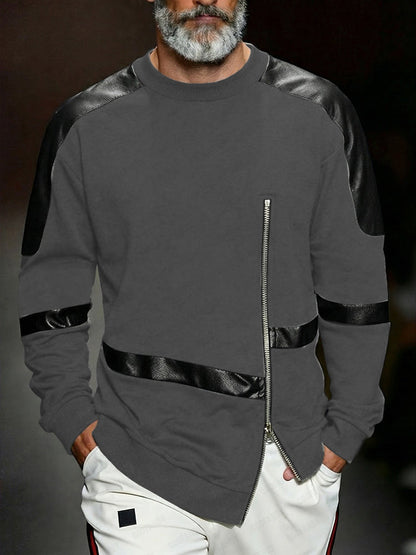 Trendy Gothic Leather Panel Zipped Sweatshirt