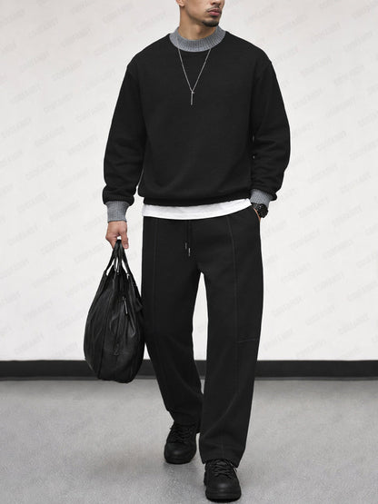 Urban Casual Contrast Ribbed Sweatshirt Set