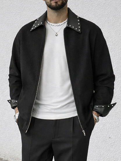 Studded Leather Panel Faux Suede Jacket Set