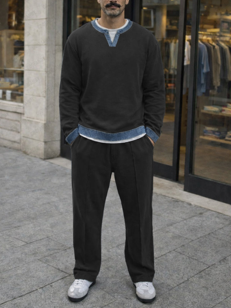 Denim Contrast Trim Relaxed Sweatsuit Set