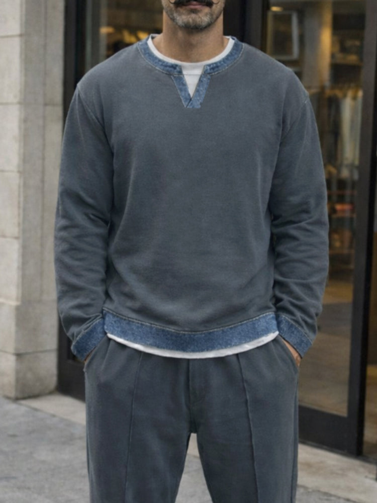 Denim Contrast Trim Relaxed Sweatsuit Set
