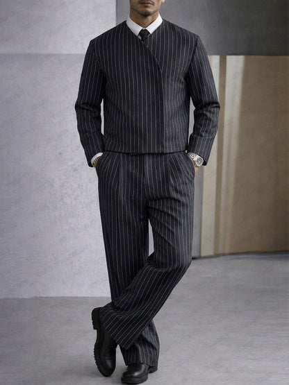 Trendy Pinstripe Cross Placket Jacket Pants Set