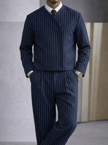 Trendy Pinstripe Cross Placket Jacket Pants Set