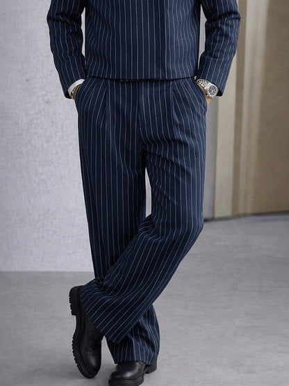 Trendy Pinstripe Cross Placket Jacket Pants Set
