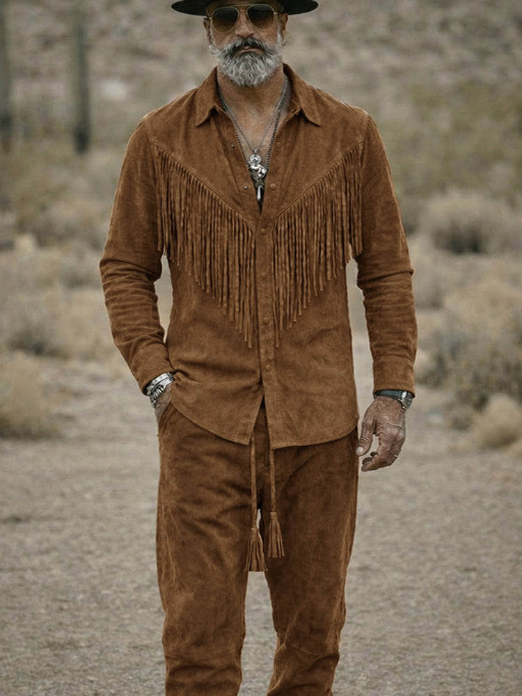 Vintage Western Tassel Suede Shirt Pants Set