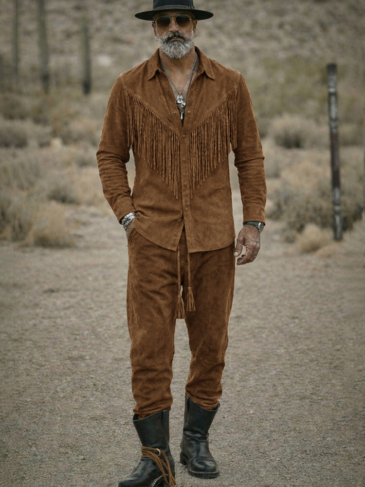 Vintage Western Tassel Suede Shirt Pants Set