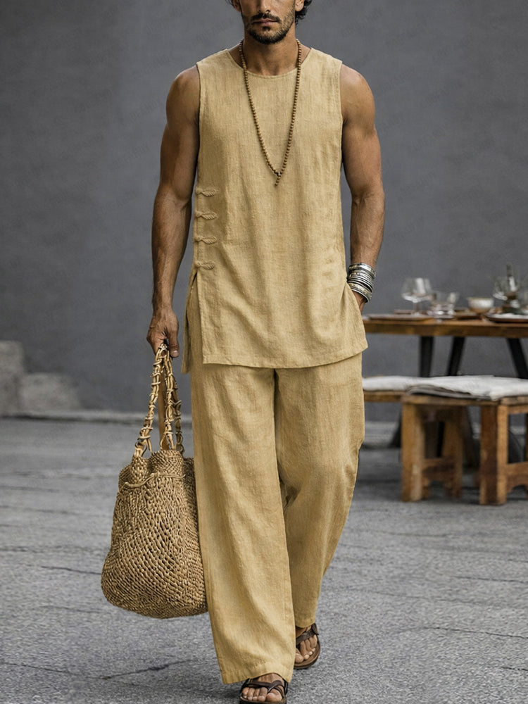 Simple Casual 100% Cotton Tank Top Pants Set