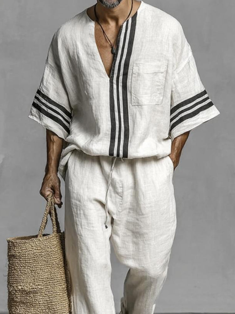 Comfy Loose Fit Stripe Cotton Shirt Pants Set