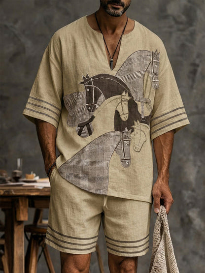 Trendy Horse Pattern 100% Cotton T-shirt Shorts Set