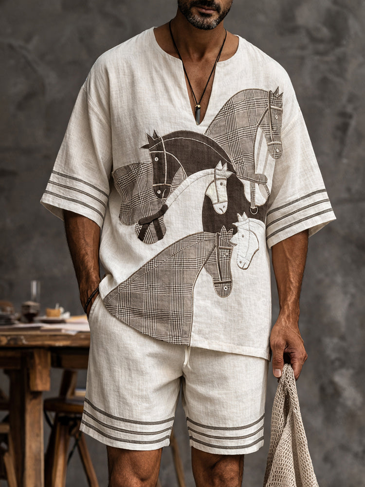 Trendy Horse Pattern 100% Cotton T-shirt Shorts Set