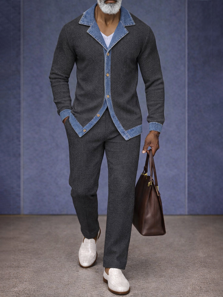 Urban Two-Tone Denim Splicing Shirt Pants Set