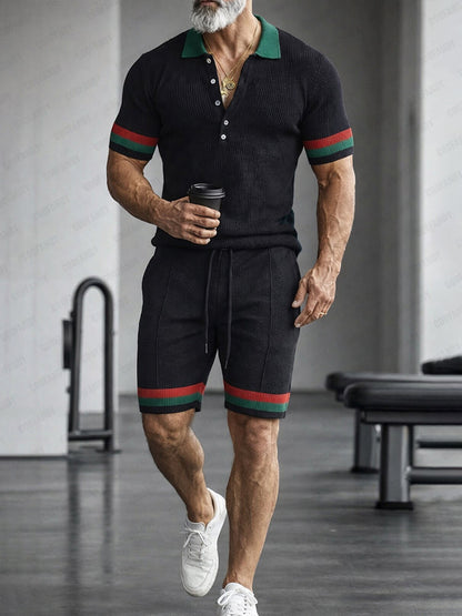 Athleisure Contrast Color Pit-Stripe Polo and Shorts Set