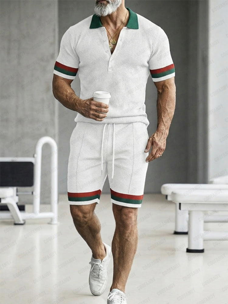 Athleisure Contrast Color Pit-Stripe Polo and Shorts Set