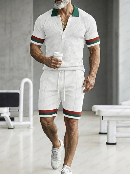Athleisure Contrast Color Pit-Stripe Polo and Shorts Set