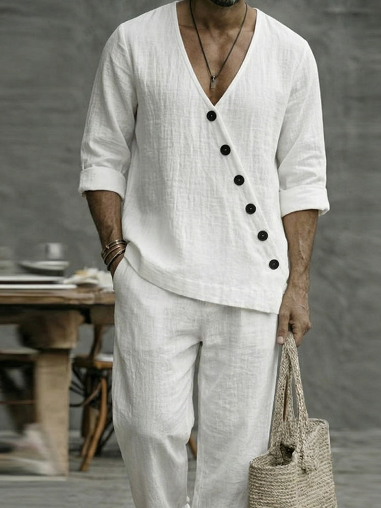 Minimalist 100% Cotton Slant Placket Shirt Pants Set