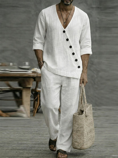 Minimalist 100% Cotton Slant Placket Shirt Pants Set