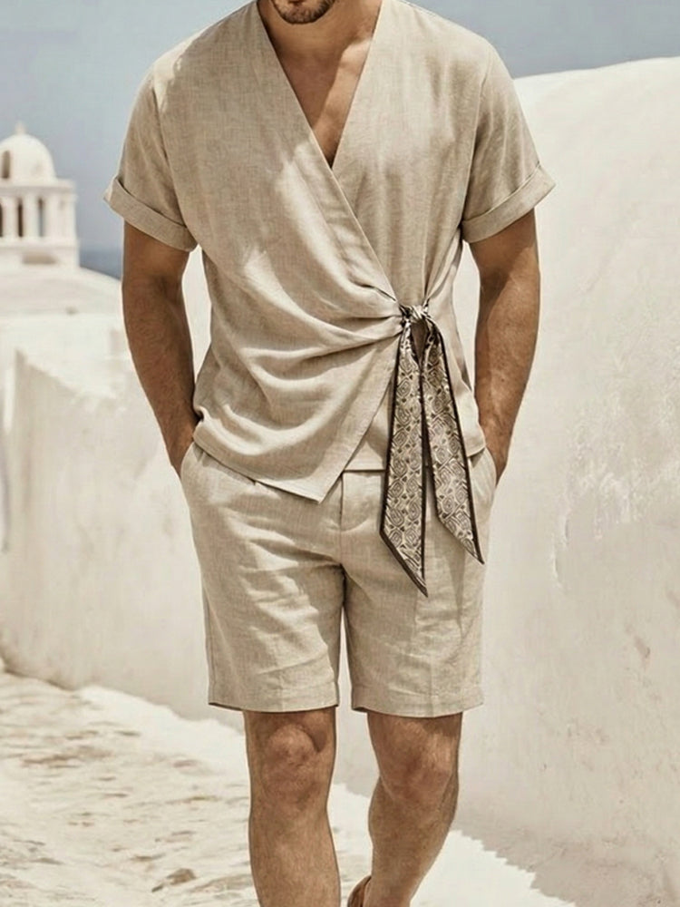 Minimalist Short Sleeves Shirt Shorts Set with Scarf Tie Closure