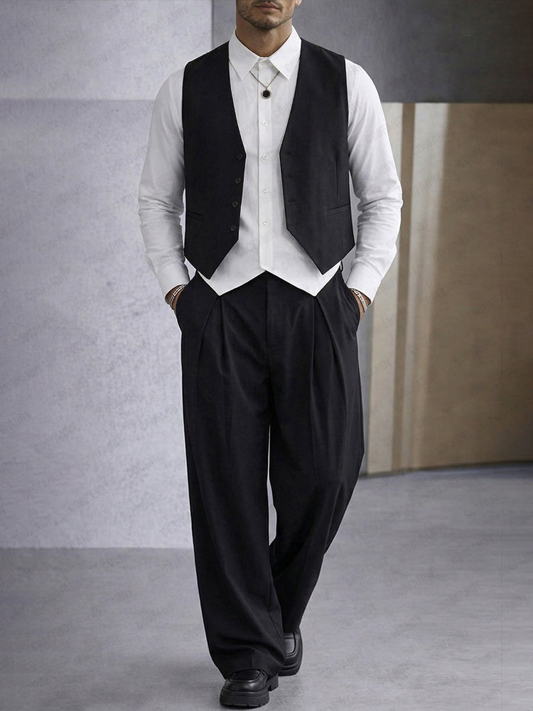Smart Casual Fake 2-Piece Vest Shirt and Pants Set