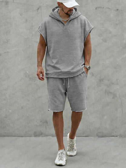 Casual Summer Raw Edge Hoodie Shorts Set