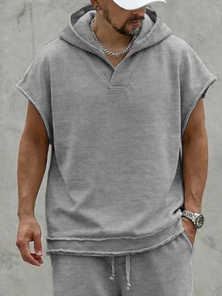 Casual Summer Raw Edge Hoodie Shorts Set