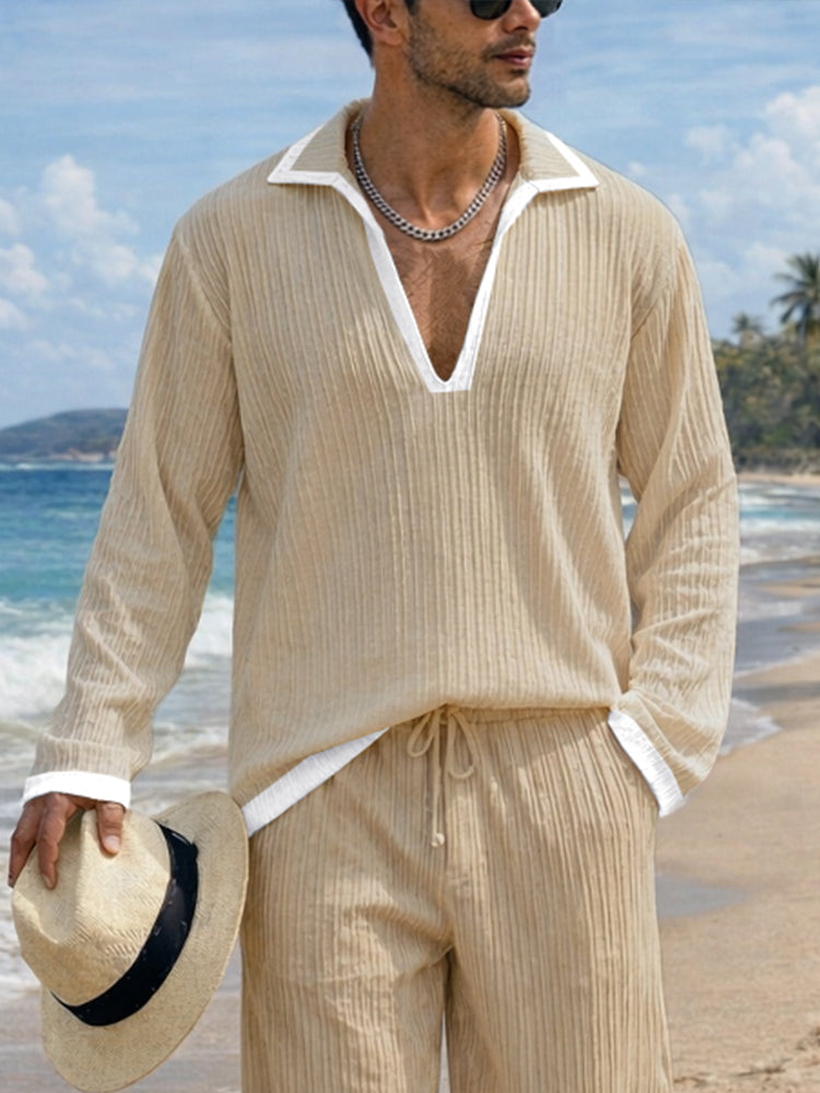 Casual Contrast Color Textured Matching Set