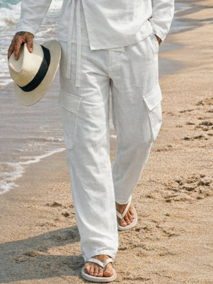 Casual Cotton Slant Placket Shirt Pants Matching Set