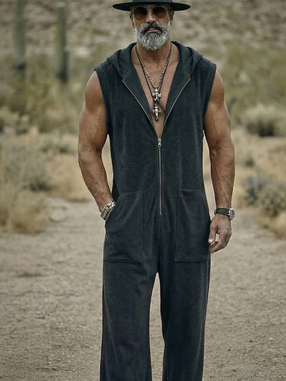 Casual Loose Front Zip Sleeveless Hooded Jumpsuit