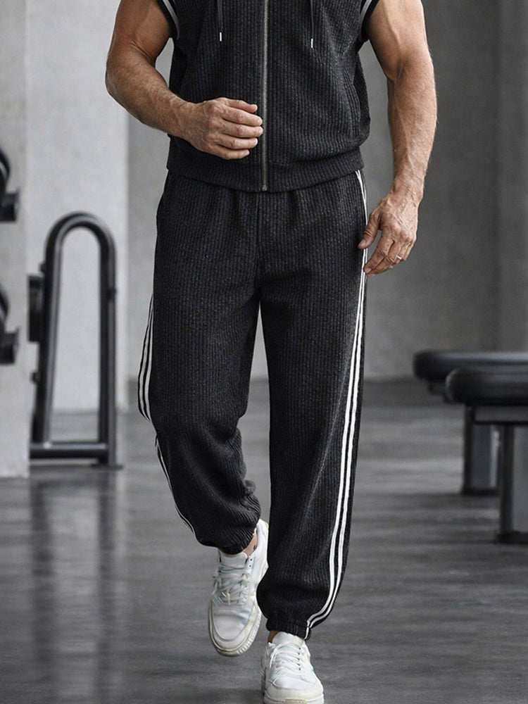 Casual Sleeveless Hooded Side Stripe Sports Set