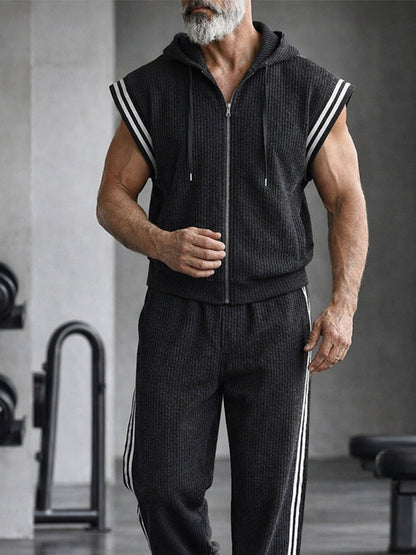 Casual Sleeveless Hooded Side Stripe Sports Set